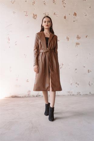 Taba Kemerli Deri Trençkot