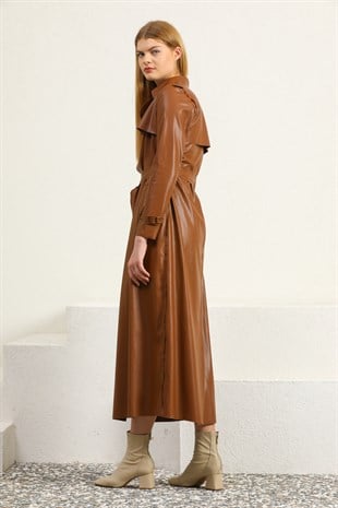 Uzun Taba Deri Trençkot