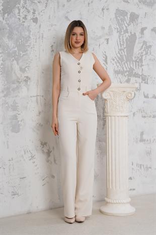 Önü Düğmeli Bej Tulum 