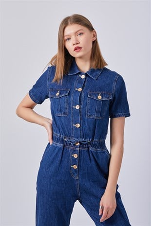 Önü Düğmeli Lacivert Kot Tulum