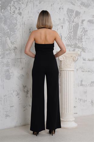 Önü Düğmeli Sırt Dekolteli Siyah Tulum