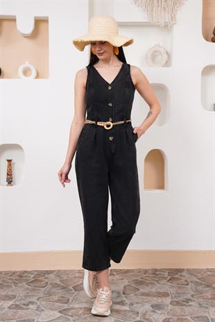 Siyah Önü Düğmeli Kemerli Kot Tulum