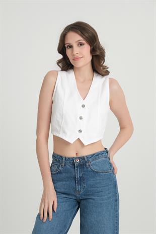 Önü Düğmeli Beyaz Kot Yelek