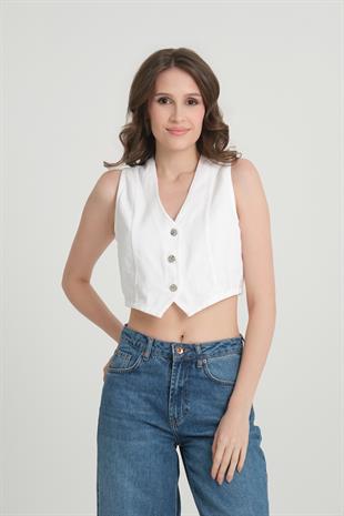 Önü Düğmeli Beyaz Kot Yelek