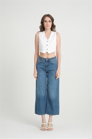 Önü Düğmeli Beyaz Kot Yelek