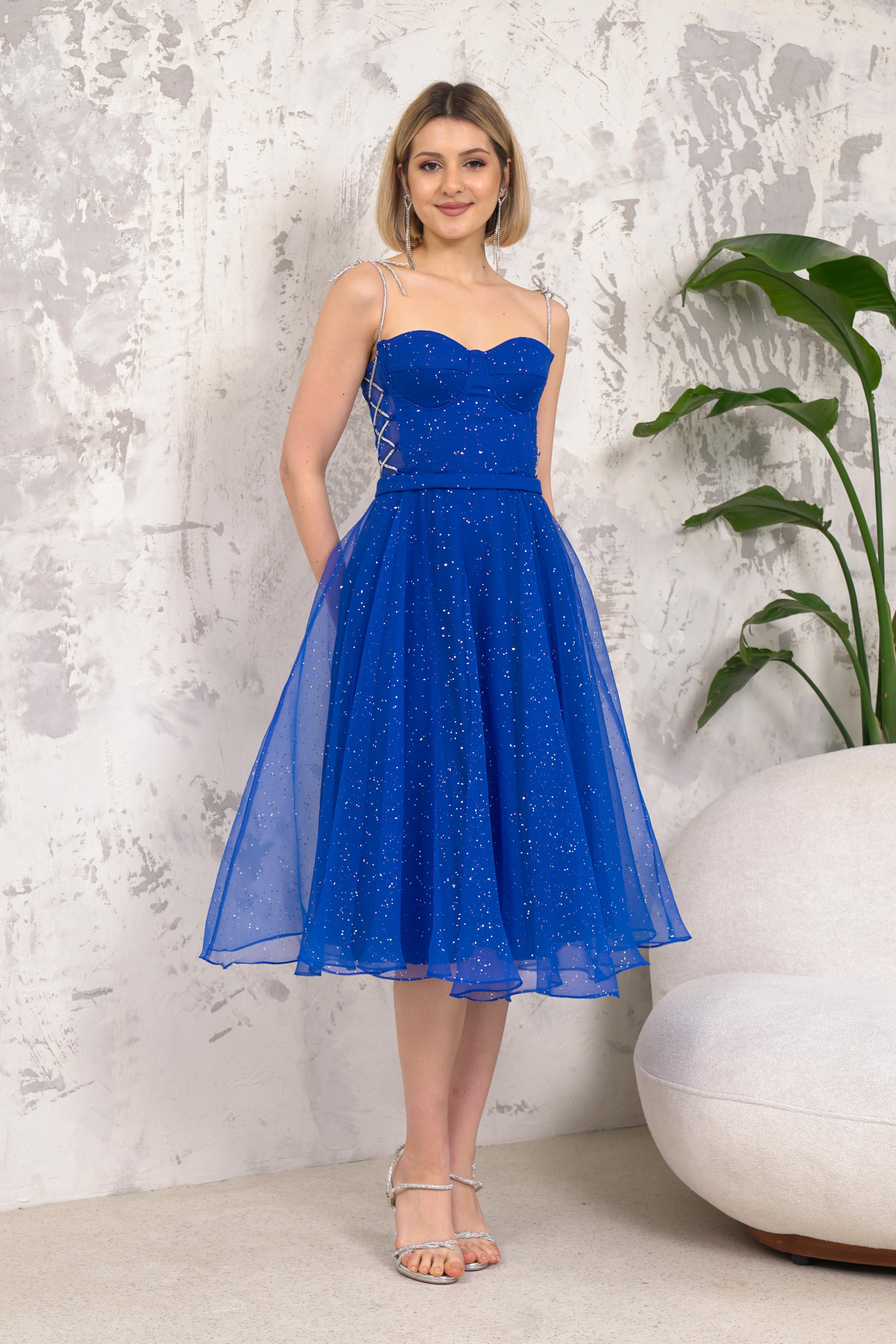 Askılı Mavi Abiye Elbise