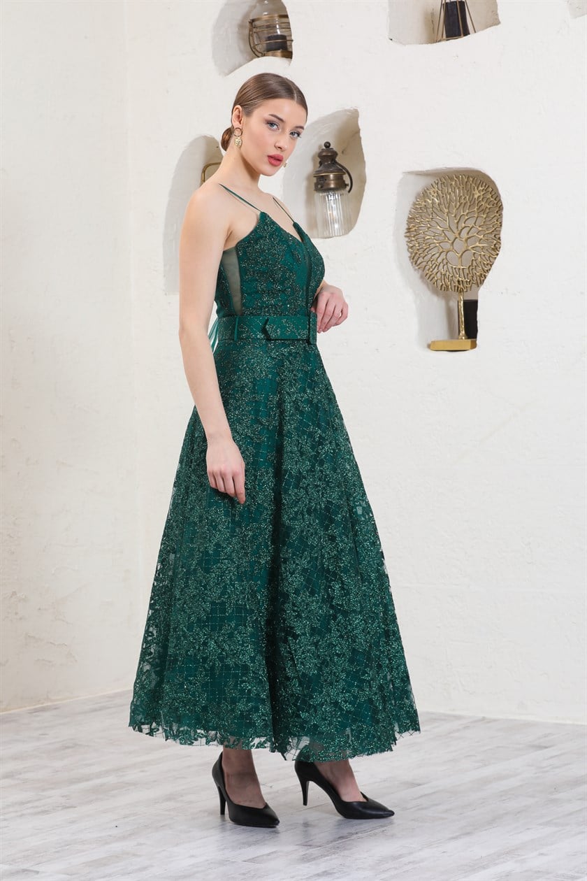 Belted Green Printed Tulle Evening Dress with Straps