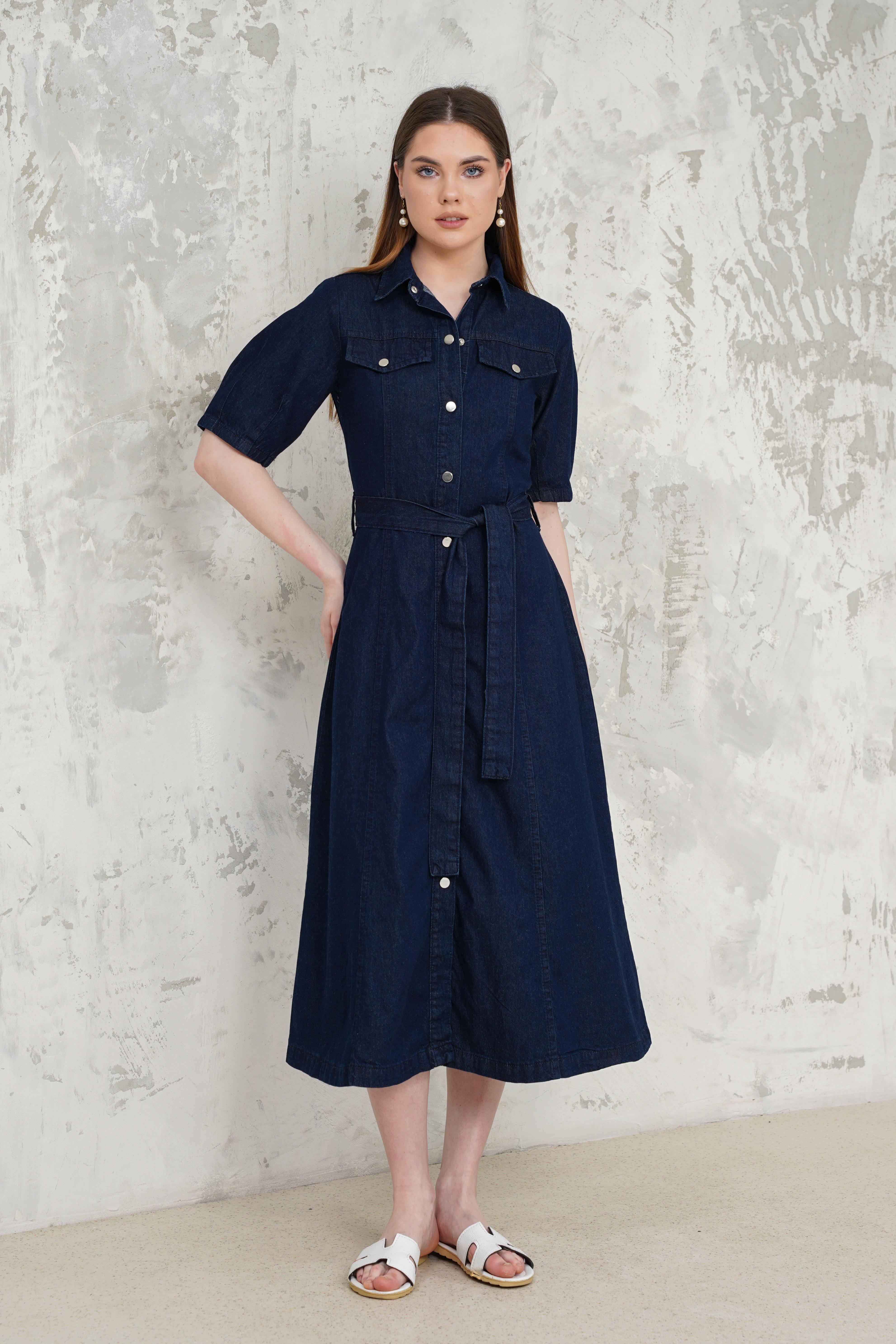 Kemerli Denim Elbise