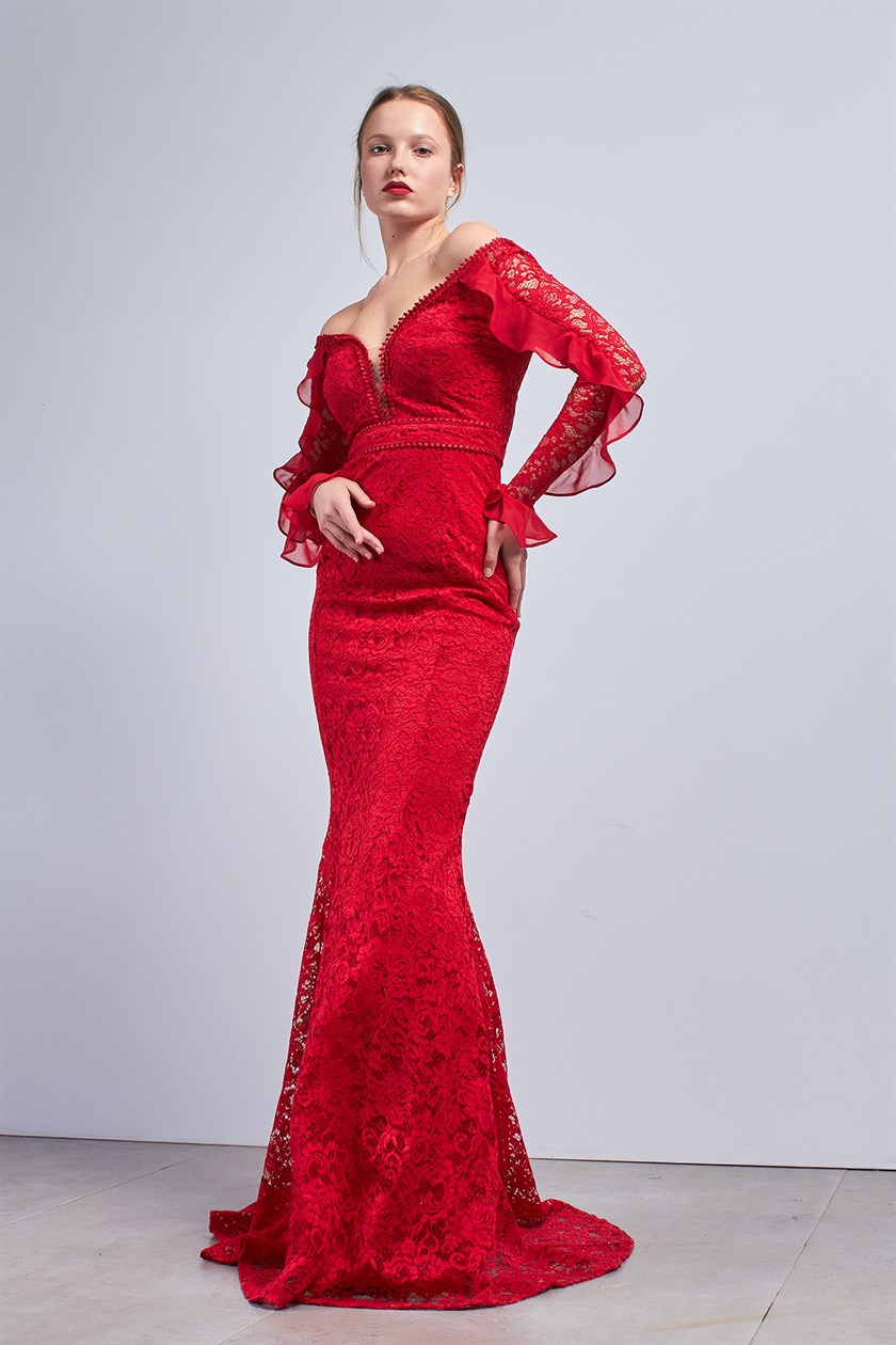 Kırmızı Dantelli Balık Abiye Elbise- Livanomi