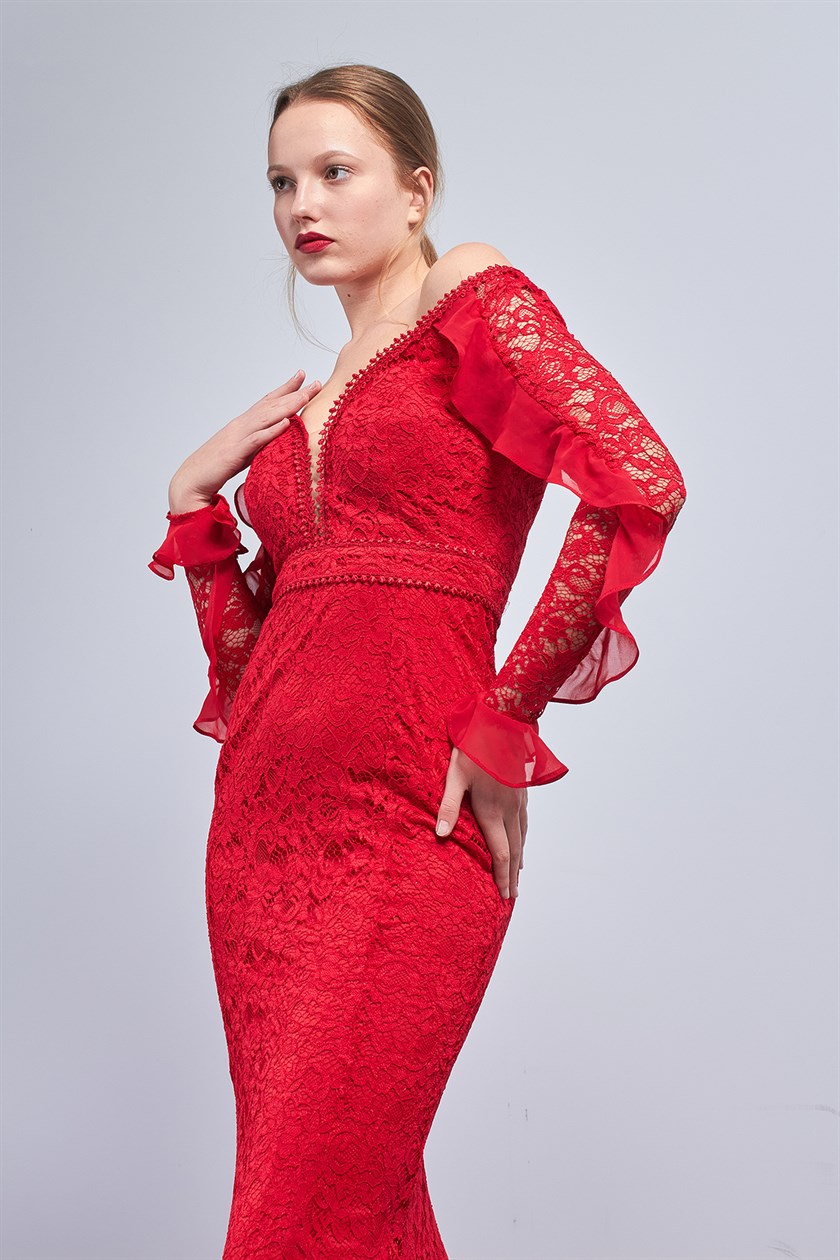 Kırmızı Dantelli Balık Abiye Elbise- Livanomi