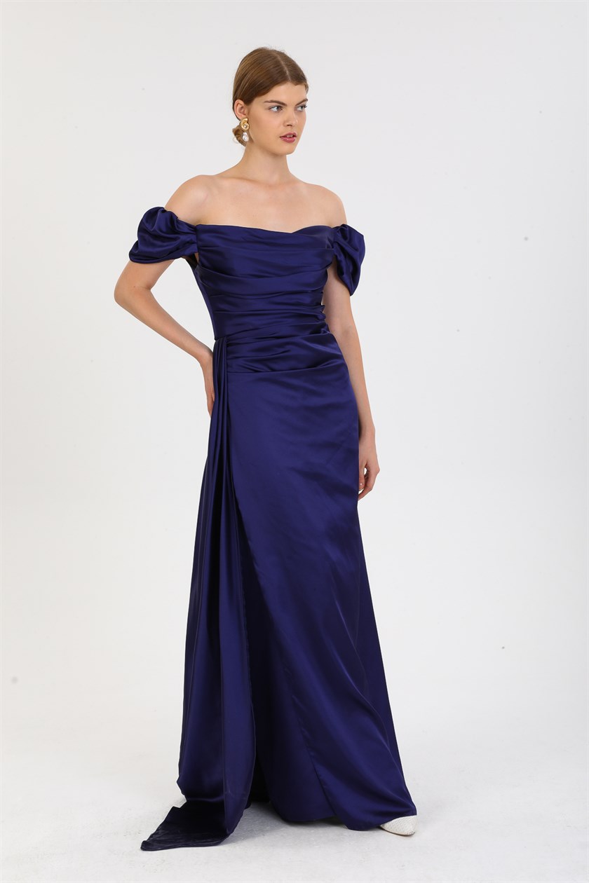 Lacivert Uzun Drapeli Yırtmaçlı Abiye Elbise