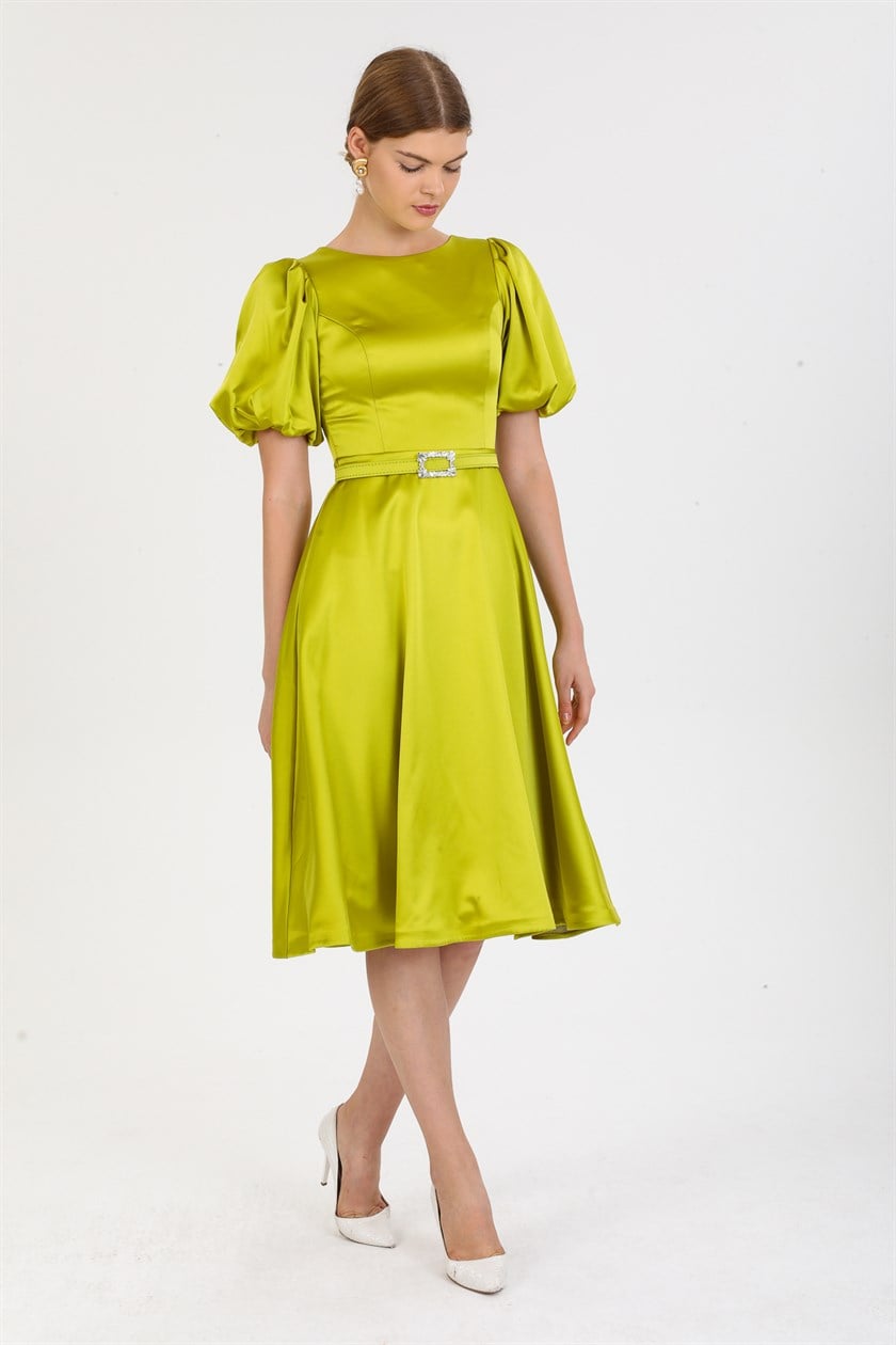 Midi Boy Kemerli Elma Yeşili Saten Abiye Elbise
