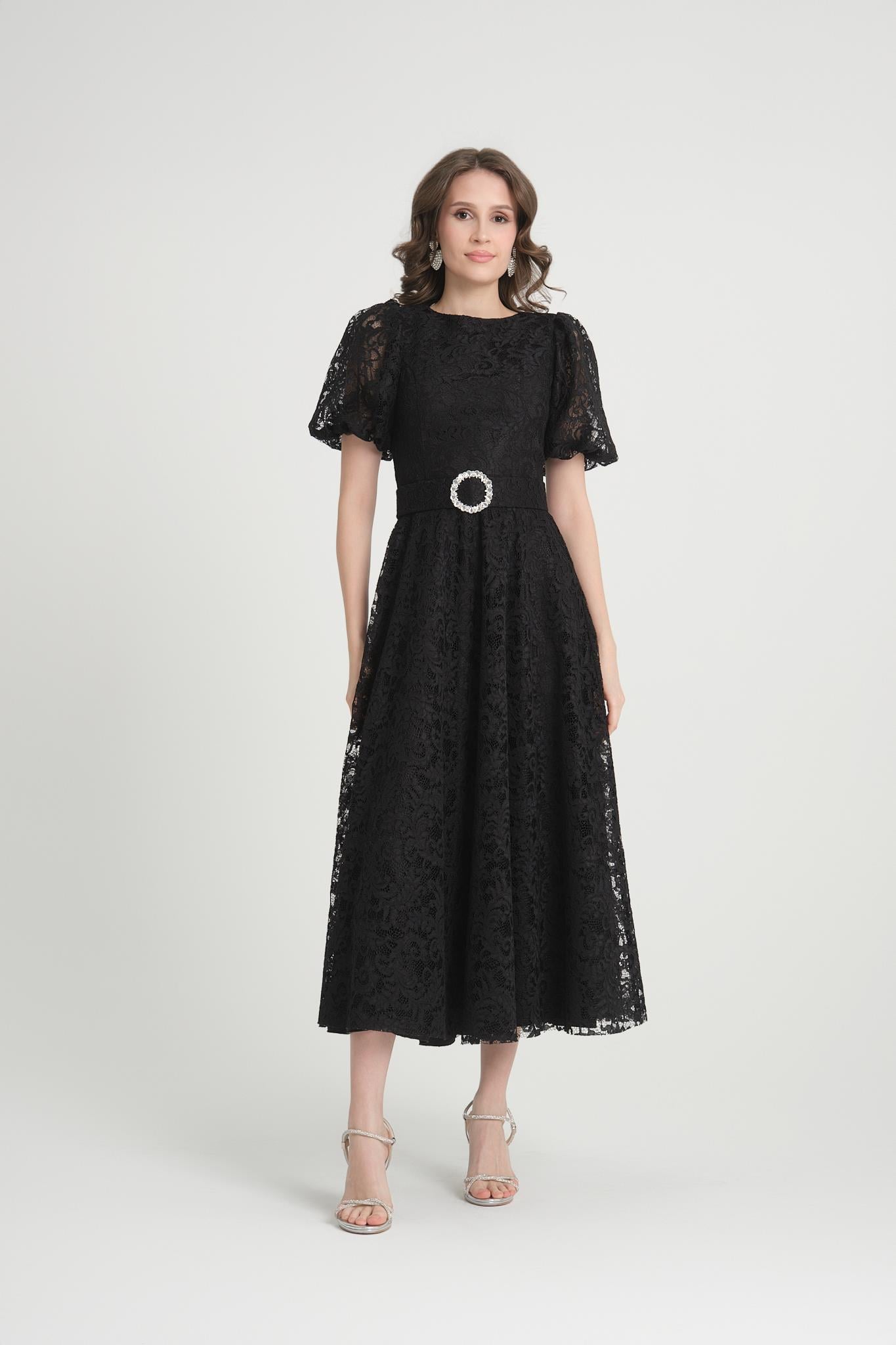 Siyah Midi Boy Dantelli Abiye Elbise