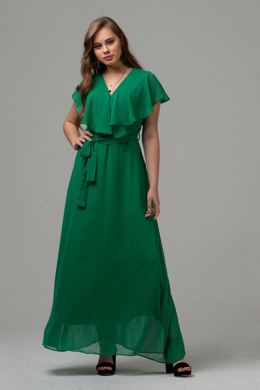 Uzun Yeşil Şifon Elbise