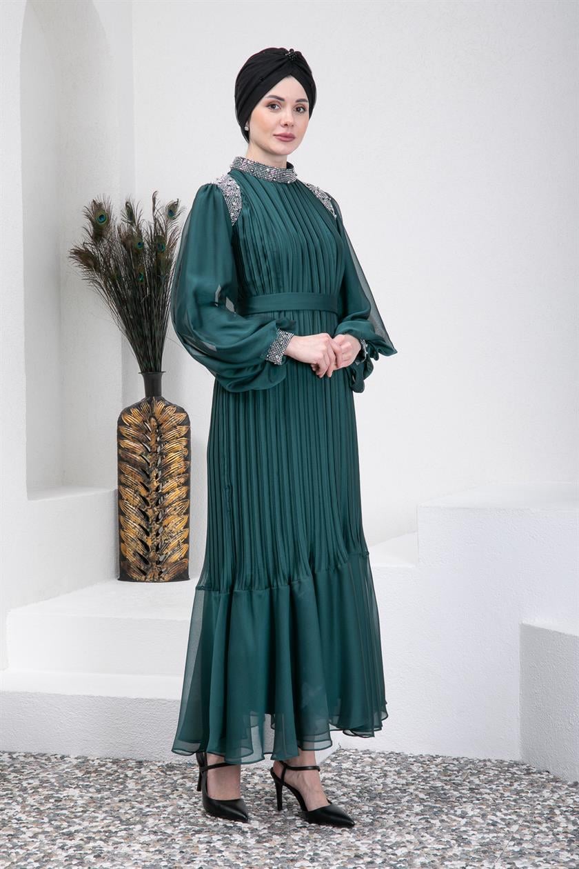 Taşlı Piliseli Yeşil Tesettür Abiye Elbise