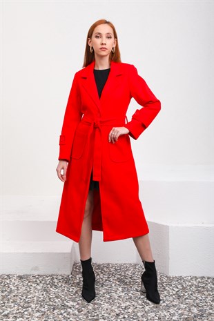 Cep Detaylı Kırmızı Palto
