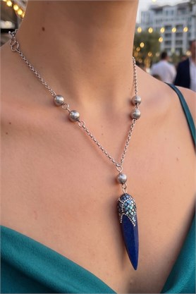 925 Ayar Gümüş Tasarım Lapis Lazuli Üzerine Okyanus Sedef İşlemeli Özel Seri Kolye 