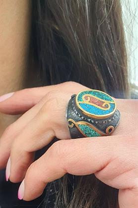 925ayar Gümüş Tasarım turkuaz mercan mozaik işlemeli yüzük