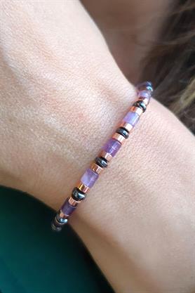 Ametist  ve hematit taş detaylı Tasarım el işi doğal taş bileklik 