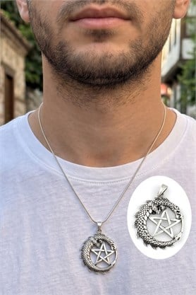 Ejderha ve pentagram figürlü 925 ayar Gümüş Tasarım kolye ucu