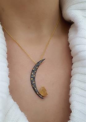 İşlenmemiş Sitrin Taşlı 925ayar Gümüş Tasarım Hilal Figürlü Kolye