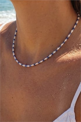 Lapis Lazuli ve barok incili 925 ayar gümüş detaylı inci kolye 