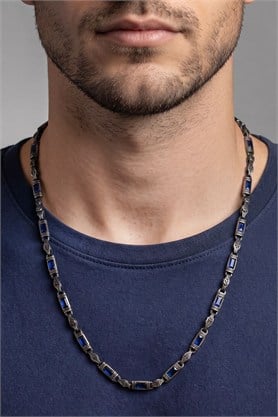 Masculine Trace 925 ayar Gümüş Lacivert Zirkon Taşlı Tasarım Erkek Zincir Kolye