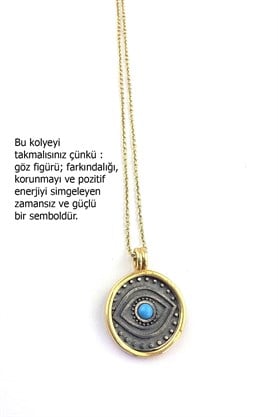 Osevia 925 ayar Gümüş Üzerine Altın Kaplama turkuaz Taşlı göz figurlu kolye 