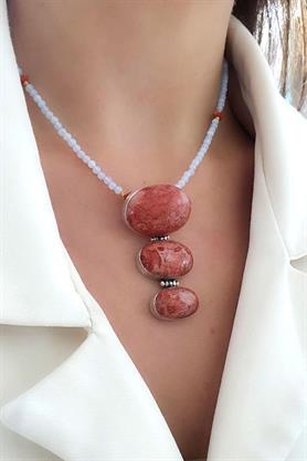 Osevia Ay taşı mercan taş detaylı ucu mercan tasarım 925 ayar Gümüş kolye 