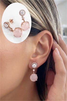 Pembe kuvars taşlı 925 ayar gümüş üzerine rose altın kaplama küpe
