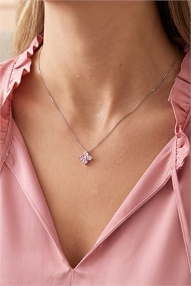 Pembe zirkon Taş Detaylı 925 ayar Gümüş Çiçek kolye 