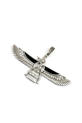 Siyah Mineli Ahura Mazda (Faravahar) Figürlü 925 Ayar Gümüş Kolye Ucu