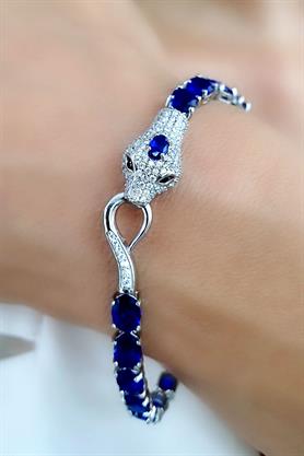 Sky Diamond Blue Creative Sapphire 925ayar Gümüş Üzerine Beyaz Altın Kaplama Yılan kilit detaylı Su Yolu Bileklik