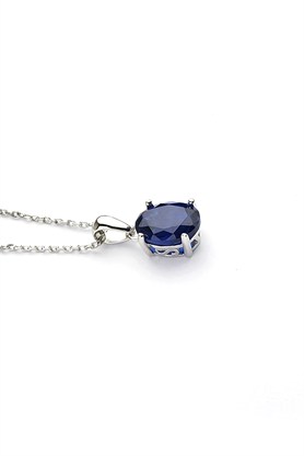 Sky diamond Blue Safir Taşlı 925 ayar Gümüş Üzerine Beyaz Altın Kaplama Baget Tek Taş oval kolye