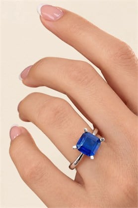 Sky diamond Blue Safir Taşlı 925 ayar Gümüş Üzerine Beyaz Altın Kaplama kare  Tek Taş yüzük