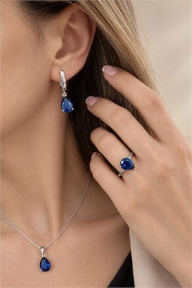 Sky Diamond Blue Safir Taşlı 925 ayar Gümüş Üzerine Beyaz Altın Kaplama Damla Set Takım