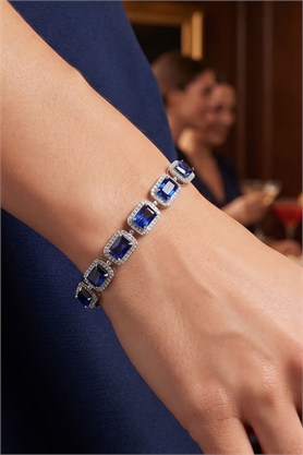 Sky diamond Blue Safir Taşlı 925ayar Gümüş Üzerine Beyaz Altın Kaplama Baget Suyolu bileklik