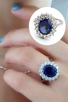 Sky Diamond Taşlı 925ayar Gümüş Üzerine Beyaz Altın Kaplama Tanzanit Taşlı Diana Yüzük 