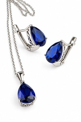 Skydiamond Blue Safir Taşlı 925ayar Gümüş Üzerine Beyaz Altın Kaplama Tek Damla Taş set takım