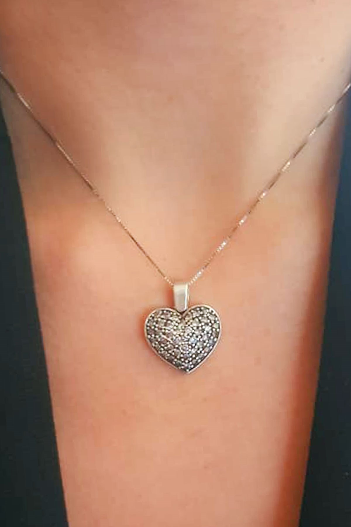Zirkon taşlı gümüş kalp kolye - OSESHOP