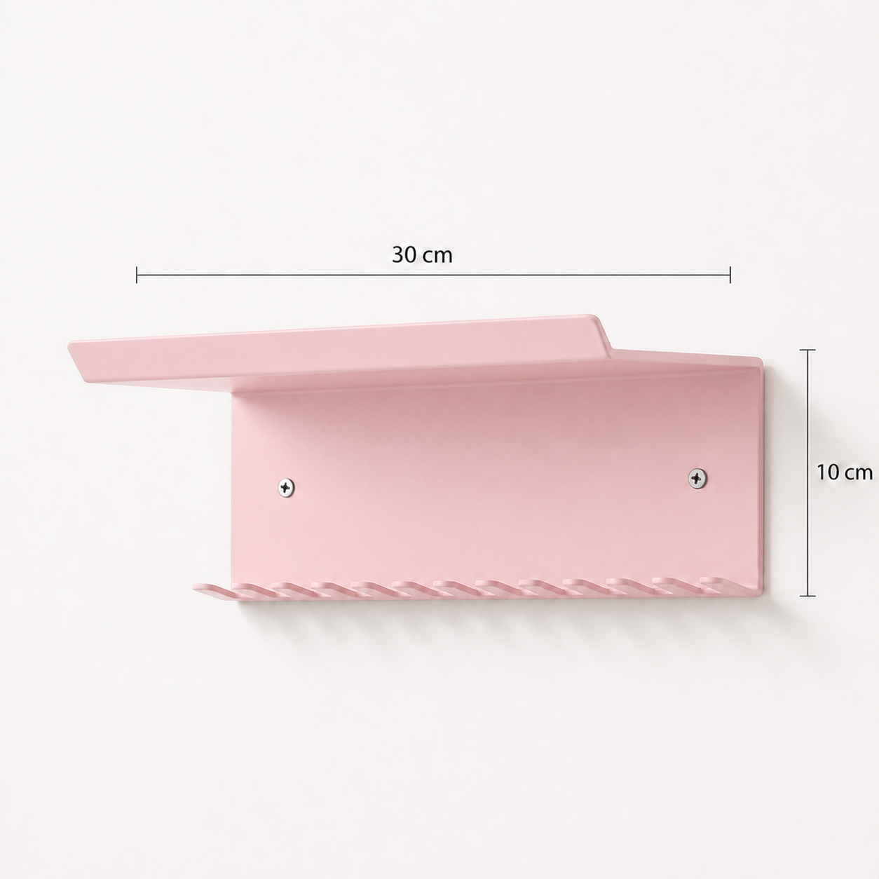 11 Askılı Metal Duvar Rafı ve Anahtarlık – RAL 3015 Açık Pembe | 30 cm
