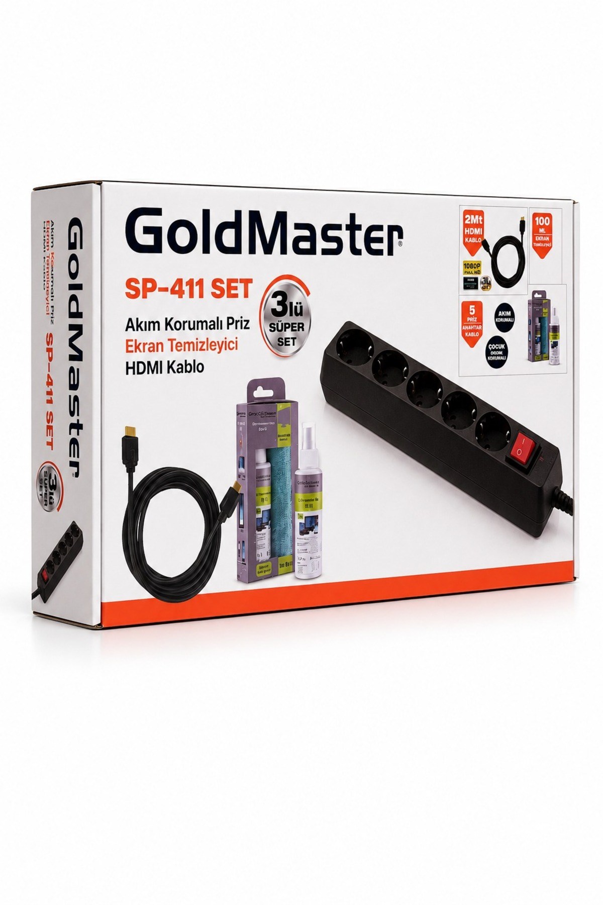 SP-411 Set 3in1 Akım Korumalı 5li Priz + Hdmı Kablo + Ekran Temizleyici