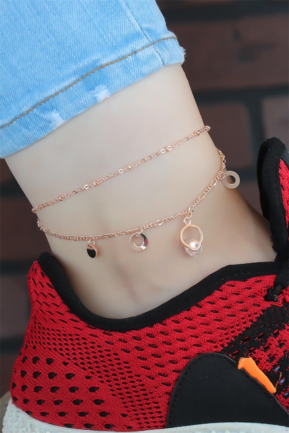  Kristal Taşlı Halkalı Rose Renk Çift Zincirli Hal Hal