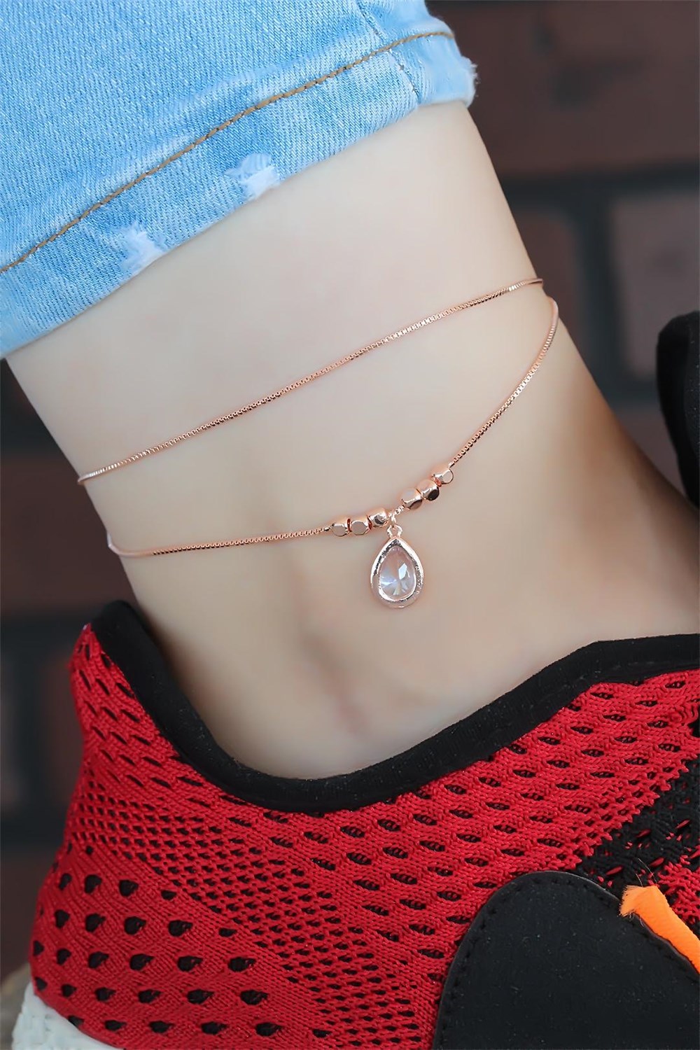 Kristal Taşlı Rose Renk Çift Zincirli Hal Hal