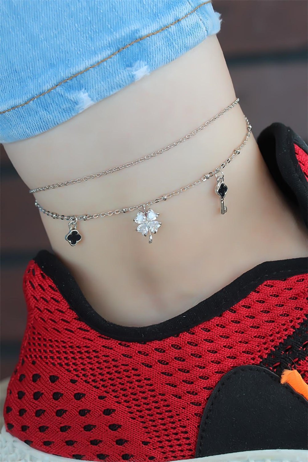  Zirkon Taşlı Çift Zincirli Silver Kaplama Yoncalı Hal Hal