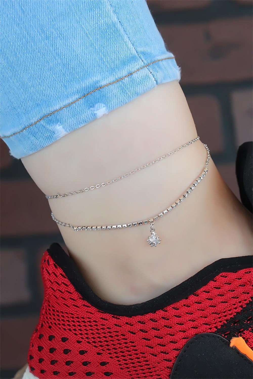  Zirkon Taşlı Silver Renk Çift Zincir Hal Hal