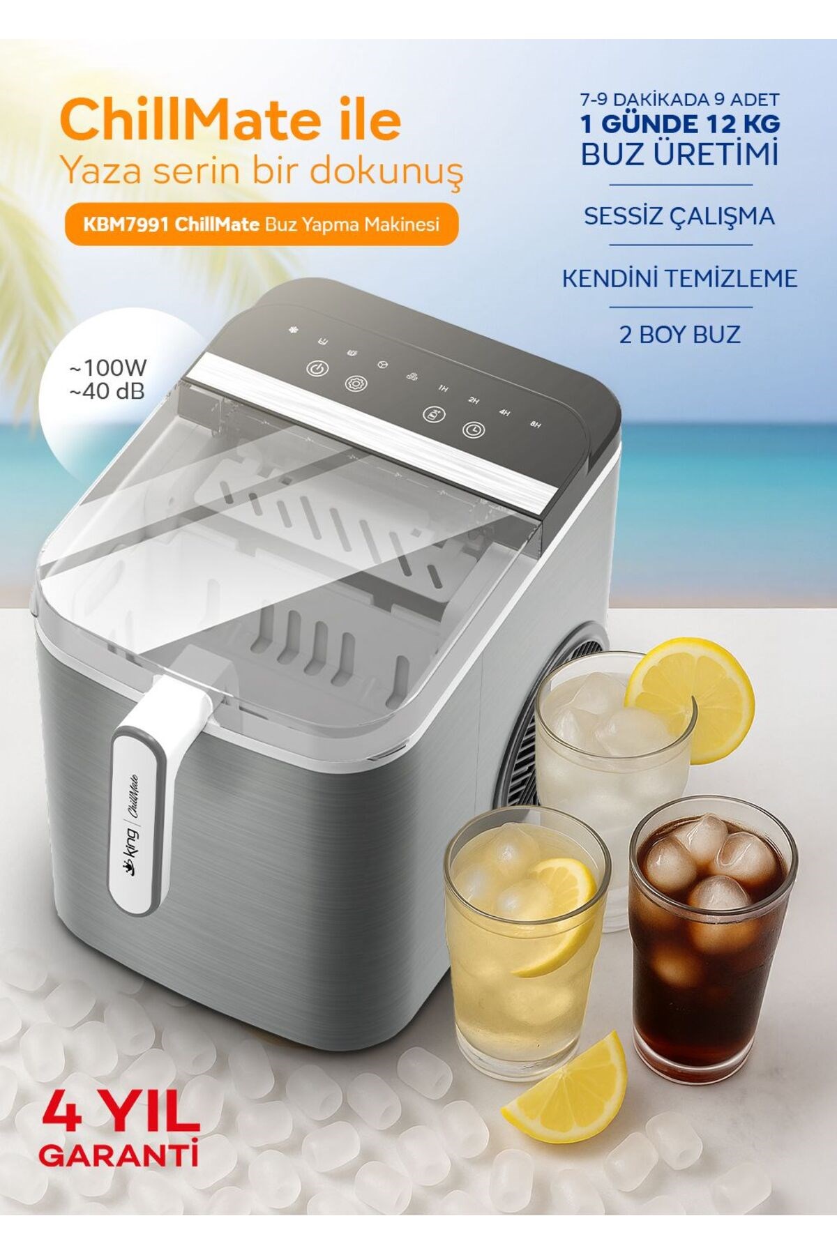 CHILLMATE 12KG BUZ KAPASİTELİ 1.3L SU HAZNELİ BUZ YAPMA MAKİNESİ KBM7991