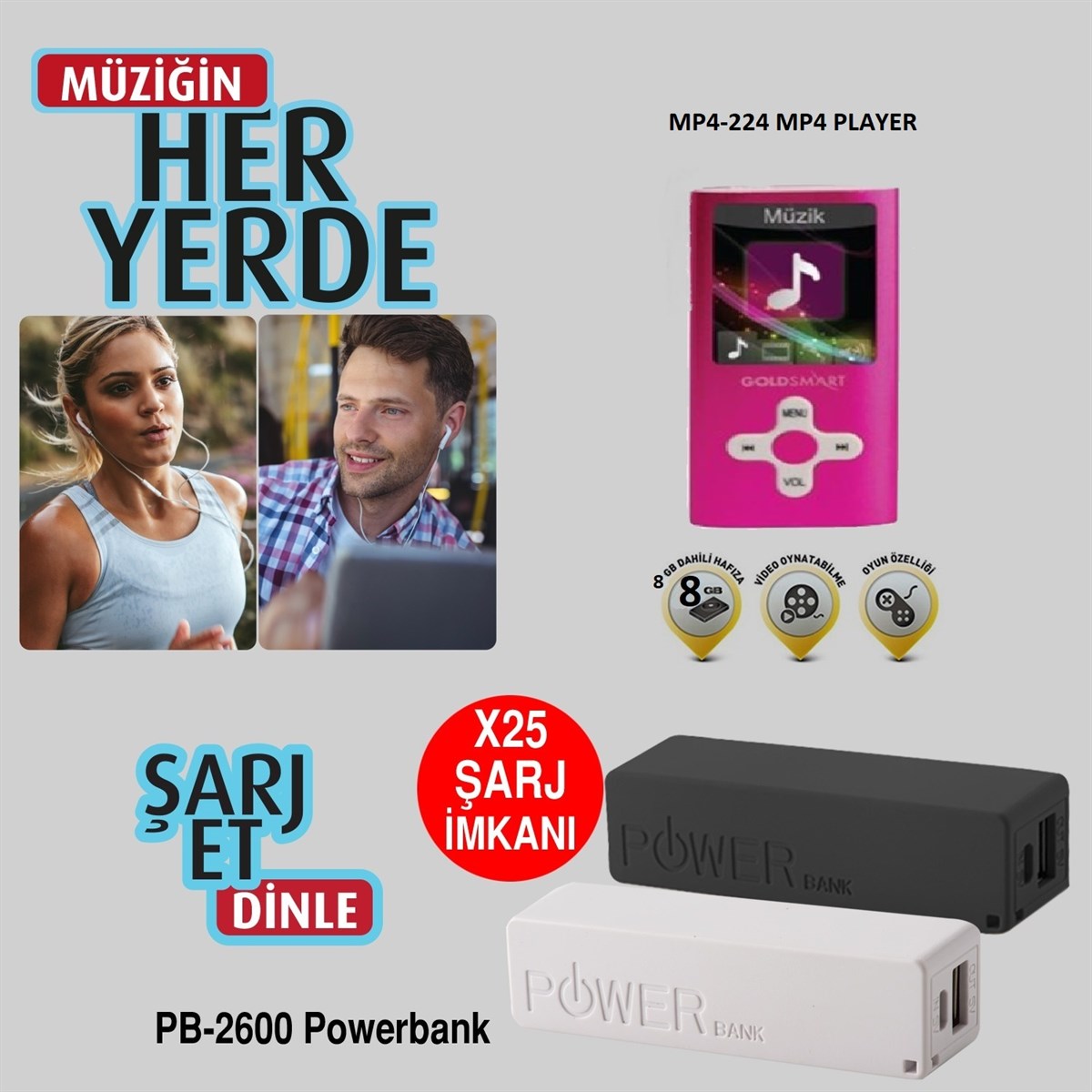 Goldmaster GoldSmart MP4-224 PEMBE 8GB MP3 Çalar + Powerbank