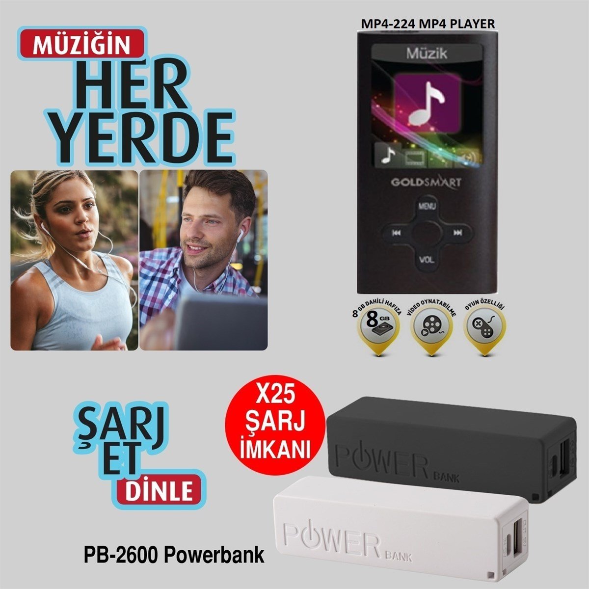 Goldmaster GoldSmart MP4-224 Siyah 8GB MP3 Çalar + Powerbank