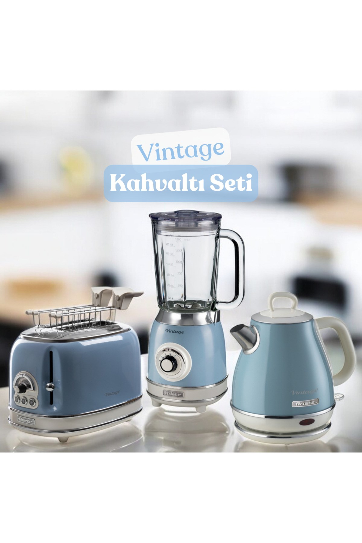 Vintage 3'lü Kahvaltı Seti (SU ISITICI KETTLE SMOOTHİE CAM BLENDER EKMEK KIZARTMA MAKİNESİ)